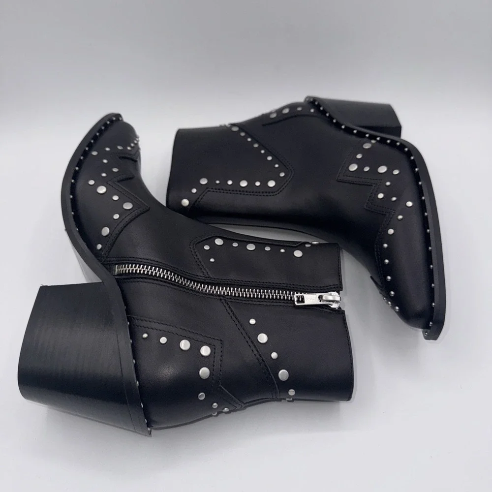 The Kooples Santiag Studded Boot Women's Size 7 EU 38 Black Leather Dustbag